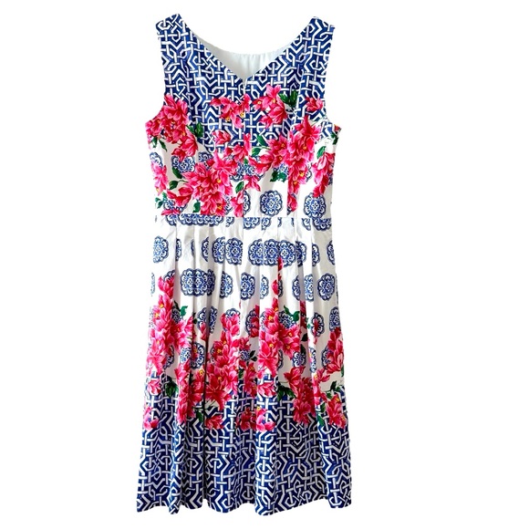 Cotton Talbots Mosaic Floral Blue and White Sleeveless Dress Size 8 Petite - Picture 8 of 12